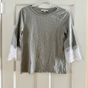 LOFT Gray Top with White Lace Sleeves